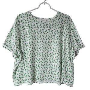 Boden White Green Floral Star‎ Print Linen Short Sleeve Boxy Crop T-shirt Top